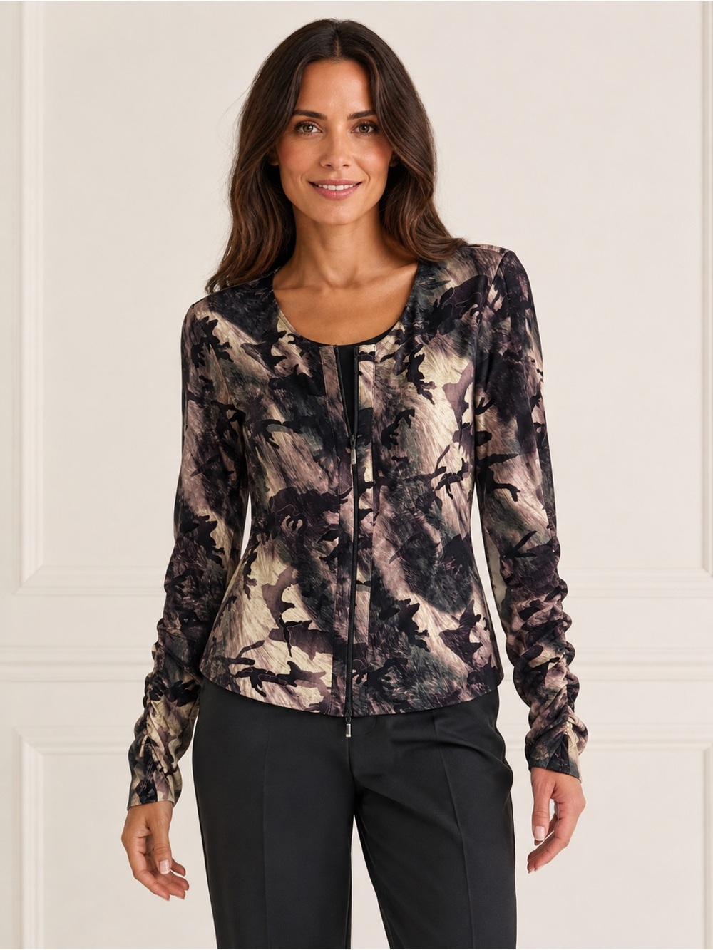 Alberto Makali Abstract Print Ruched Sleeve Double Zip Jacket M